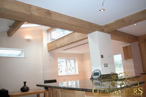 Oak beam casings covering load-bearing steel joists Beam Cover, Load Bearing Beam, Beam House, Oak Beams, British Architecture, Load Bearing Wall, Oak Furniture, Ceiling Beams, Red Oak