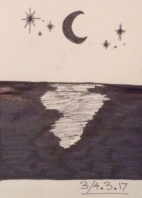 Here is a drawing that I did there is a moon with some stars and the ocean. This was really easy to draw. I used a sharpie ink pen to draw the drawing and then used a sharpie marker to colour the ocean and the moon. Moon And Ocean Drawing, Ocean Drawing Easy, Midnight Drawing, Ocean And The Moon, River Drawing, Book Doodles, Bd Card, Gel Pen Drawings, Sharpie Drawings