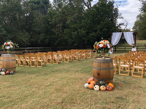 Fall colors wedding aisle decor Fall Outdoor Ceremony Decor, Fall Backyard Wedding Ceremony, Wedding Isles Decoration Outdoor Rustic Fall, Fall Lake Wedding Ideas Decor, Ceremony Aisle Decor Outdoor Fall, Simple Fall Wedding Aisle Decor, Pumpkin Aisle Wedding, Fall Wedding Aisle Decorations Outdoor, Fall Aisle Decorations Wedding