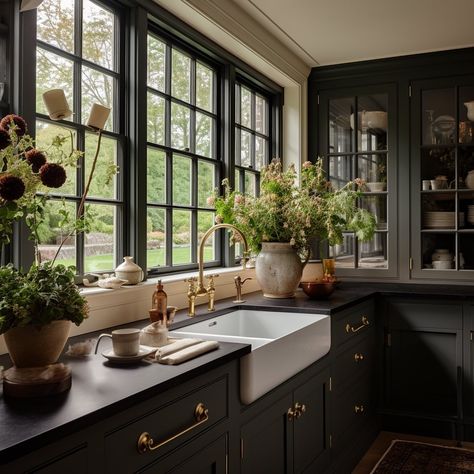 Sarah Robertson, Farmhouse Layout, Mini Farmhouse, Small Kitchen Design, Dark Kitchen, Pretty Kitchen, Farmhouse Ideas, Scenic View, Kitchen Inspiration Design