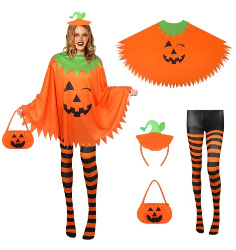 PRICES MAY VARY. [Complete Halloween Costume Ensemble] This pumpkin costume set includes a Pumpkin Costome Poncho, a pumpkin headband, a pumpkin candy bag, and black-orange Nylon Striped Tights, offering a full and cohesive look for your Halloween festivities [Eye-Catching Design] The bright colors and playful pumpkin theme are sure to make you stand out in any Halloween party or trick-or-treating event [Versatile Leggings] The black and orange striped leggings can be worn not only as part of th Adult Pumpkin Costume, Costumes Faciles, Easy Halloween Costumes For Women, Halloween Capes, Cape Costume, Capes For Kids, Pumpkin Costume, Fun World, Easy Costumes