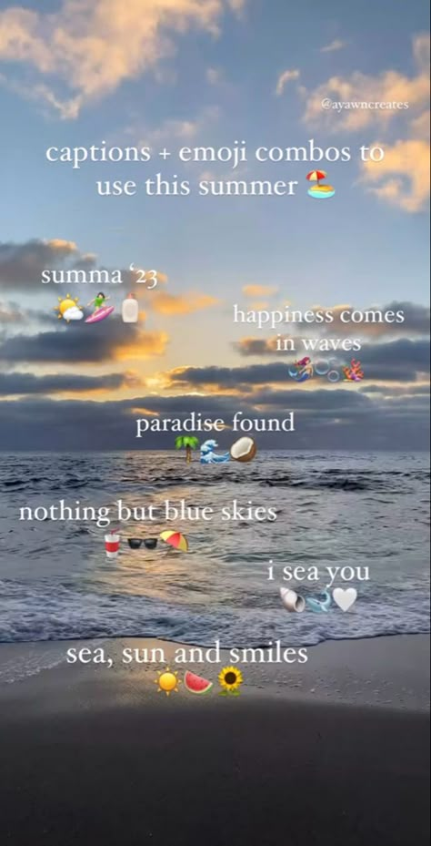 Paradise Captions Instagram, Sea Emoji Combos, Ocean Captions, Beach Instagram Captions, Instagram Post Captions, Summer Captions, One Word Instagram Captions, Emoji Combos, Short Instagram Quotes