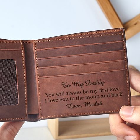 This wallet can be personalized with the monogram of your choice, making a special gift that will be cherished for years to come. You can add a custom message on the inside (up to 20 words) to have a perfect present for groomsmen, husbands, boyfriends or fathers. * Materials: Genuine Leather * Dimensions: 4 3/8"" x 3 1/2"" x 5/8"" (11x9x1.5 cm) * Features: - 1 money slot - 5 card slots - 2 hidden slots. Engraving font: Font design and size is as in photo. If you wish to engrave it bigger, please Personalized Leather Wallet, Papa Gifts, Happy Birthday Dad, Mens Wallet, Christmas Gift For Dad, Personalized Wallet, Clip Wallet, Money Clip Wallet, Gift For Dad