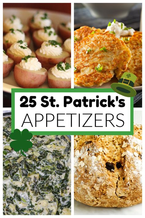 Mini potatoes, potato cakes, spinach dip, and bread. Irish Recipes Appetizers, Irish Appetizers, St Patrick's Day Appetizers, Irish Desserts Traditional, St Patricks Day Drinks, Irish Desserts, St Patricks Day Food, Corn Beef And Cabbage, Saint Patties