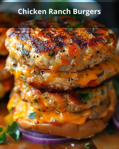 Recipes Vista | Savory Chicken Ranch Burgers with Cheddar and Fresh Veggies | Facebook Cheddar Ranch Chicken Burgers, Chicken Ranch Burgers, Ranch Burgers, Chicken Ranch, Ranch Seasoning Mix, Shredded Cheddar Cheese, Savory Chicken, Ranch Chicken, Ranch Seasoning