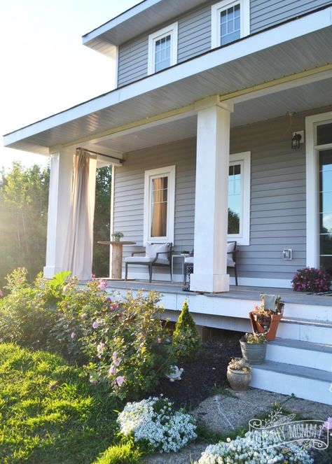 Craftsman Porch with DIY Porch Columns & DIY Curtains Diy Porch Post Wrap, Diy Porch Columns, Porch Post Wraps, Craftsman Style Porch, Porch Pillars, Craftsman Porch, Front Porch Columns, Diy Mommy, House Front Porch