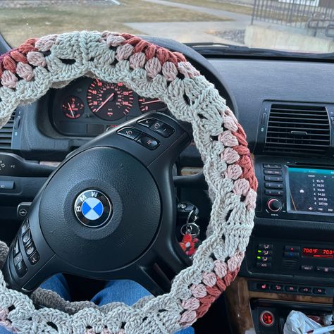 Flower Power Crochet Steering Wheel Cover Pattern Wheel Cover Crochet Pattern, Steering Wheel Cover Crochet Pattern, Steering Wheel Cover Crochet, Wheel Cover Crochet, Crochet Steering Wheel, Car Wheel Cover, Crochet With Cotton Yarn, Crochet Car, Morning Commute