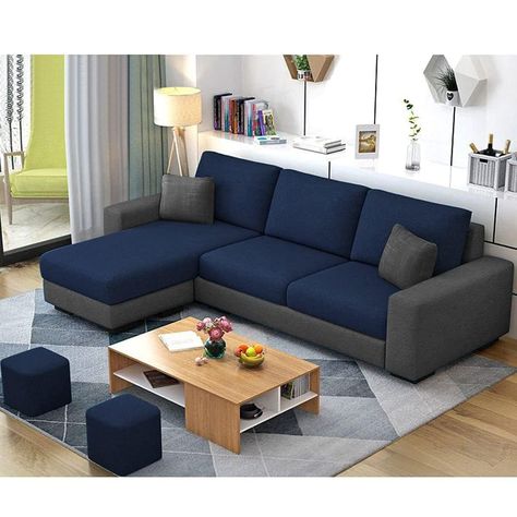 FURNY Arvon 4 Seater Fabric LHS Sectional L Shape Sofa Set (Left Hand Side Lounger- Blue-Dark Grey) Sofa Set For Living Room, L Shape Sofa Set, Modern Fabric Sofa, Sofa Couch Design, Sofa Design Wood, Luxury Furniture Sofa, Luxury Sofa Design, Sofa For Living Room, Sofa L