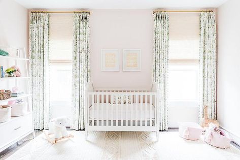 Hardwood Floor Nursery, Off Center Crib Nursery, Blue Green Pink Nursery, Katie Davis Design, Pink Nursery Wallpaper, Pink And Green Nursery, Katie Davis, Feminine Nursery, Cedar House