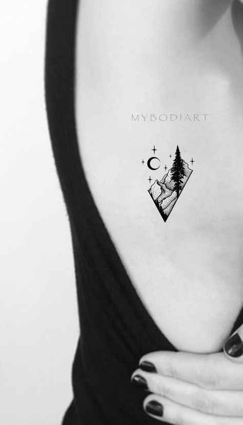 Sequoia Tree Tattoo Simple, Rib Tattoo Ideas, Camping Tattoo, Lake Tattoo, Mountain Tattoo Simple, Tree Moon, Mountain Tree, Black Nature, Hiking Tattoo