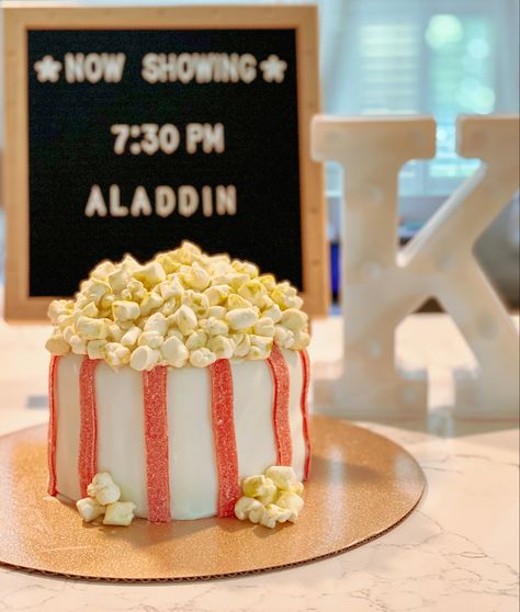 Movie Night Concession Stand Ideas Diy, Boys Movie Night Birthday Party, Movie Night Concession Stand Ideas, Concession Stand Ideas Diy, Backyard Movie Night Birthday Party, Popcorn Birthday Cake, Birthday Movie Night, Diy Movie Night, Birthday Movie