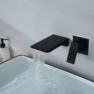 Bathroom Wall Faucets, Wall Mounted Bathroom Faucet, Black Bathroom Sink, Wall Mount Faucet Bathroom Sink, Waterfall Bathroom, Matte Black Bathroom, Wall Mount Faucet Bathroom, Waterfall Wall, Faucet Design