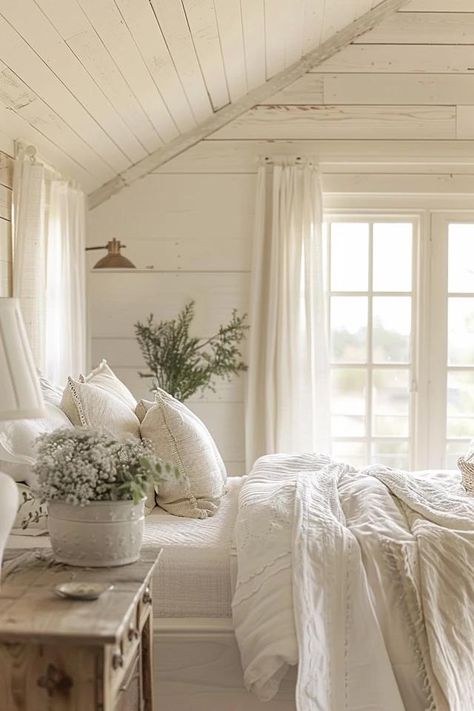 Charming Farmhouse Bedroom Decor Ideas &amp; Tips Australian Farmhouse Bedroom, White Metal Frame Bedroom Ideas, Small Home Bedroom Ideas, Old House Bedroom Ideas, Minimalist Cottage Bedroom, Cottage Master Bed, Nashville Suburbs, White Farmhouse Aesthetic, White Country Bedroom