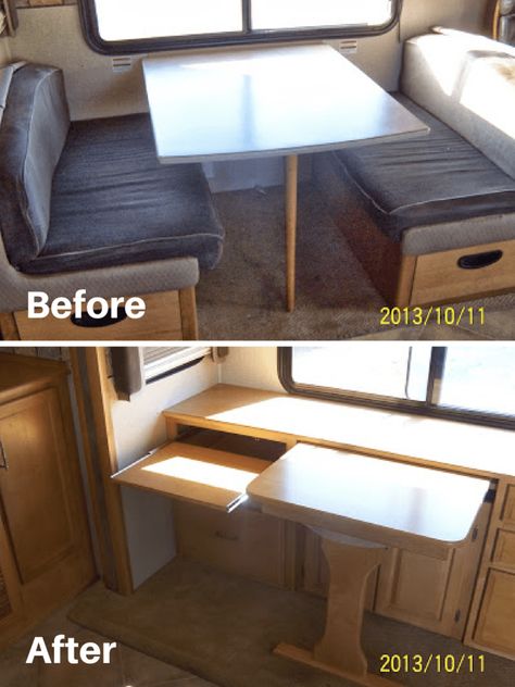 Removed dinette from motorhome and added custom built table and desks | RVs, campers, travel trailers, and motorhomes without the dining booth Popup Camper Remodel, Camper Vintage, Rv Inspiration, Dining Booth, Camper Hacks, Diy Camper Remodel, Dining Inspiration, Tent Trailer, Popup Camper