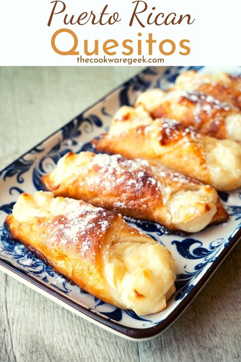 Flaky-on-the-outside and creamy-on-the-inside quesitos from Puerto Rico. These are one of the easiest desserts that you can make using puff pastry. Just 5 ingredients + 20 minutes! Gurabo Puerto Rico, Empanadillas Puerto Rico, Spanish Pastry, Stuffed Puff Pastry, Cream Cheese Pastries, Easiest Desserts, Cheese Pastries, Cream Cheese Pastry, Cheesecake Oreo