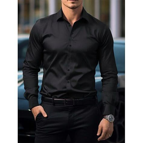 Mens Courthouse Wedding Attire Casual, Men’s All Black Dress Outfit, Men’s Dress Shirt, Mens Black Dress Shirt Outfit, Men Dress Up Outfits, Black Dress Shirt Outfit Men, Mens All Black Outfit Classy, Dark Mens Fashion, Black Shirt Dress Outfit