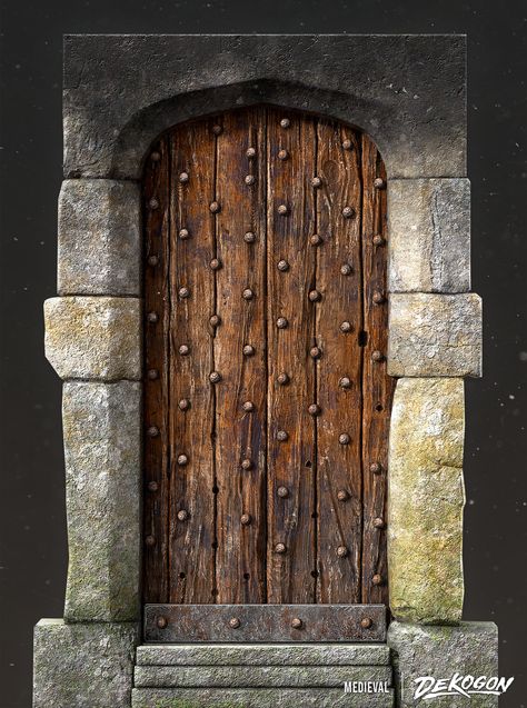 Dungeon Door Art, Dungeon Door, Medieval Door Diy, Castle Door Frame, Castle Barn Door, Medieval Barn Door, Medieval Door, Old Wood Doors, Castle Doors