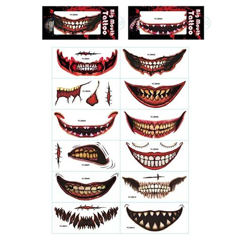 Amazon.com : 2022 New Halloween Prank Makeup Temporary Tattoo, 12PCS Halloween Clown Horror Mouth Tattoo Stickers, Removable and Realistic Temporary Tattoo Kit, Halloween Masquerade Prank Makeup Props (12pcs) : Beauty & Personal Care Diy Fake Tattoo, Zombie Make Up, Halloween Makeup Kits, Temporary Face Tattoos, Mouth Tattoo, Inflatable Dinosaur Costume, Pet Costumes Cat, Long Lasting Temporary Tattoos, Halloween Pranks