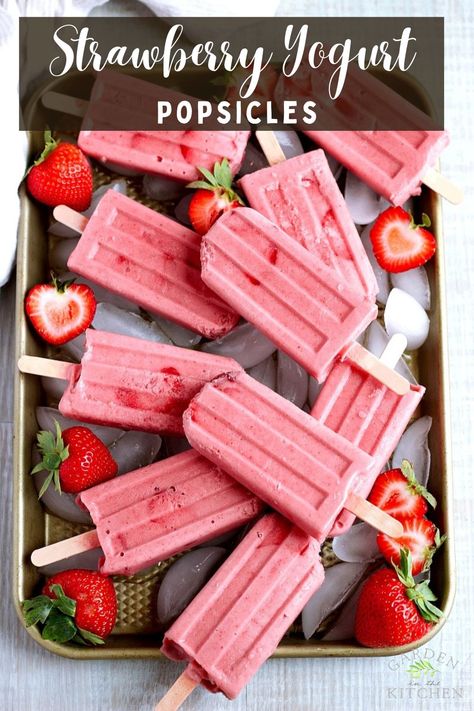 Strawberry Yogurt Popsicles Strawberry Yogurt Popsicles, Greek Yogurt Popsicles, Yogurt Popsicle Recipes, Frozen Yogurt Popsicles, Strawberry Granola, Strawberry Popsicles, Refreshing Breakfast, Healthy Popsicles, Yogurt Pops