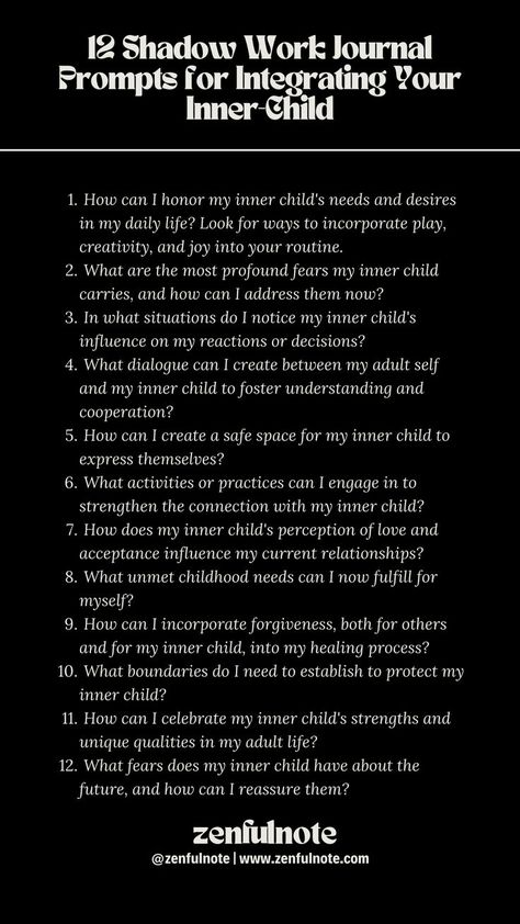 Integrating your inner child into your adult life is a step in shadow work, aimed at healing childhood wounds and embracing a fuller, more authentic self. This process involves recognizing, accepting, and nurturing the childlike aspects of your personality, leading to greater self-awareness and emotional well-being. Approaching these questions with compassion and curiosity can facilitate a deep and meaningful connection with your inner child, leading to significant personal growth and healing. Healing Childhood Wounds, Healing Childhood, Childhood Wounds, Shadow Work Journal Prompts, Work Journal Prompts, Shadow Work Journal, Growth And Healing, Journal Topics, Healing Journaling