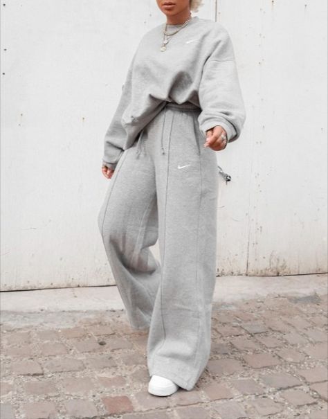 Just don't do anything in Nike's high-waist palazzo pants in black, grey, chartreuse and white. Nike Sweatpants Outfit, Grey Two Piece, Wide Leg Pant Suit, Nike Tracksuit, Sweatpants Outfit, Wide Leg Sweatpants, Nike Sweatpants, African Print Fashion Dresses, African Print Fashion