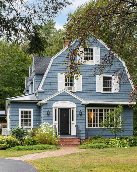 Cedar Shake Dormers, Dutch Cottage, Dutch Colonial Exterior Makeover, Blue Shingle House, Cedar Shake Colonial House, Blue House Paint Exterior, Colonial With Dormers, Maine Farmhouse, Dutch Colonial Exterior Colors