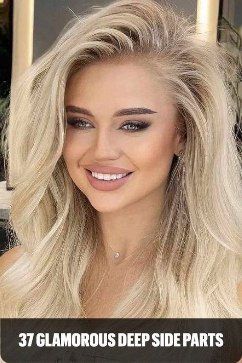 Voluminous Light Blonde Long Hair with a Deep Side Part Deep Side Part Hairstyles, Volume Straight Hair, Blonde Long Hair, Deep Side Part, Velcro Rollers, Long Length Hair, Side Part Hairstyles, Side Hairstyles, Lob Hairstyle