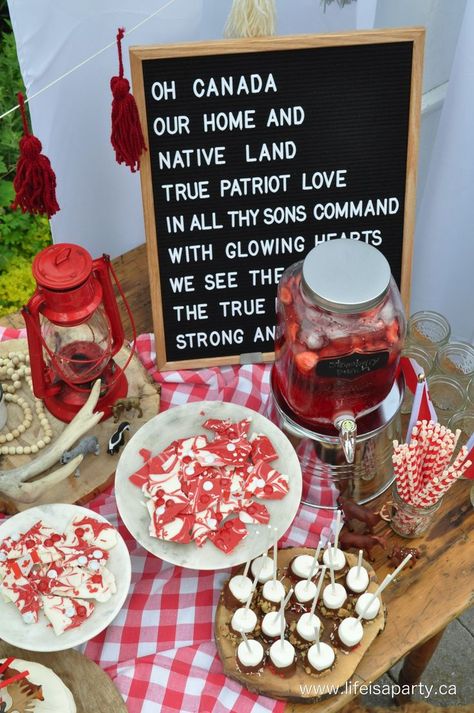 Canada Day Party -Classic Canadiana party decor, and Canada themed desserts that are easy to put together make this the perfect way to celebrate! Canada Day Party Aesthetic, Canadian Citizenship Party, Canada Day Party Ideas, Canada Themed Party, Canada Day Decor, White Party Desserts, Canada Day Party Decorations, Canada Day Decorations, Red And White Party