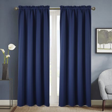 Finding the perfect curtains for your home is no easy task, especially when there are so many great choices available. Choosing the right color to go ... | Navy Blue Curtains for Dark Blue Walls Curtain For Blue Walls, Blue Wall Curtain Ideas, Navy Blue Curtains Living Room Ideas, Navy Blue And White Curtains, Blue Curtains Living Room, Dark Blue Curtains, Dark Blue Rooms, Blue Striped Curtains, Dye Curtains