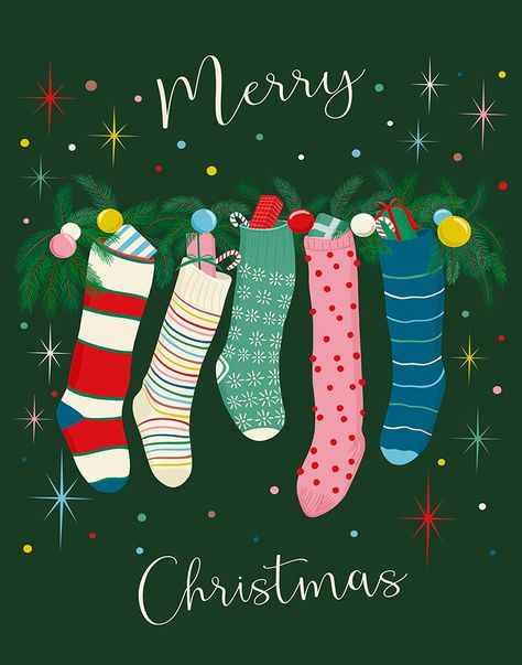 Fun and festive holiday illustration with playful stockings. holiday art, christmas art, christmas illustration, holiday card, christmas card, holiday greeting card, christmas stockings Xmas Scenes, Greeting Cards Christmas, Festive Illustration Christmas, Merry Christmas Illustration, Christmas Santa, Christmas Book Illustration, Stocking Illustration, Present Illustration, Festive Illustration