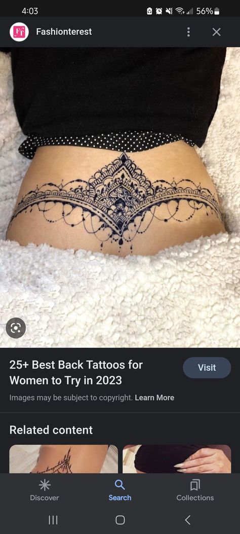 Pretty Stomach Tattoos, Braline Tattoo Ideas, Lace Tattoo Lower Back, Large Lower Back Tattoos For Women, Lace Tattoo Chest For Women, Lace Tattoo Design Stomach, Tattoo Near Crotch, Lace Stomach Tattoos Women, Sternum Lace Tattoo