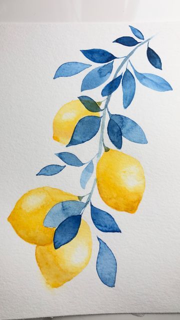 Watercolor Plants Painting, Lemons And Flowers Painting, Water Colour Lemons, Amalfi Coast Watercolor Paintings, Summer Simple Paintings, Watercolor Lemon Paintings, Watercolor Drawing Easy Simple, Easy Watercolor Fruit, Watercolor Simple Paintings