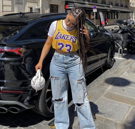 Basketball Inspired Outfits, Basketball Jerseys Women Outfit, Lakers Game Outfit Women, Lakers Game Outfit, Oversized Basketball Jersey Outfit Women, Basketball Game Outfit Women Jersey, How To Style A Basketball Jersey Women, Basketball Game Outfits, Laker Outfit Women Style