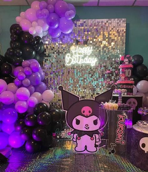 Kuromi Dessert Table, Kuromi Backdrop Birthday, Kuromi Quinceañera, Kuromi Bday Party, Kuromi Birthday Ideas, Kuromi Decorations Birthday, Kuromi Themed Birthday Party, Kuromi Birthday Theme, Kuromi Party Ideas