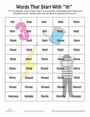 Here's a great resource for teachers who write their own lesson plans. Review words that start with "th" using this list! Kids will learn about digraphs, and you'll have a solid list to practice from. Give this to students to study from, or use it as quiz material. #educationdotcom Th Words Worksheets, Th Worksheet, Digraph Th, Word Family Books, Phonics Lesson Plans, Consonant Words, Th Words, Phonics For Kids, List Of Words