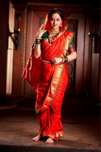 Jijabai-2 Maharashtrian Saree, Marathi Bride, Red Sari, Nauvari Saree, Saree Draping Styles, Wedding Saree Indian, Elegant Saree, Outfit Trends, Bride Clothes