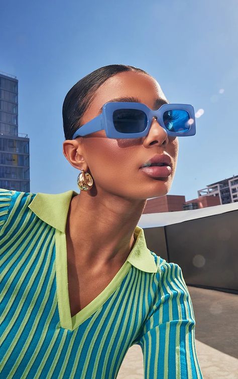 Sunglasses | Women's Sunglasses | PrettyLittleThing USA Blue Frame Sunglasses, Blue Outfit Accessories, Shades Photoshoot, Light Blue Sunglasses, Desain Buklet, Square Frame Sunglasses, Artificial Light, Blue Sunglasses, Model Poses Photography