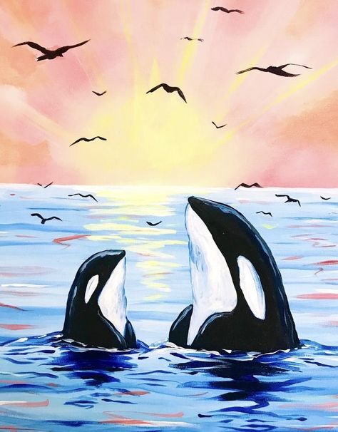 Night Ocean Painting Acrylic, Paint Night Ideas For Beginners, Orca Painting Easy, Acrylic Night Painting, Paint And Sip Ideas Step By Step Easy, Easy Acrylic Painting Ideas For Beginners Step By Step, Easy Canvas Art For Kids, Art Night Ideas, Paint Night Ideas Easy