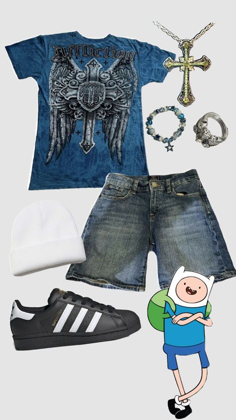 #finnthehuman #adventuretime #y2k #grungestyle #grungeoutfit #90s #2000 #outfit #Adidas #jorts 2000s Alt Fashion, 2000 Outfit, Y2k Outfits Street Styles, Affliction Clothing, Baggy Outfit Ideas, Outfit Adidas, Silly Clothes, 2000s Clothes, Finn The Human