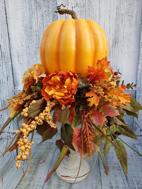 Fall Tabletop Decor, Autumn Candle Table Decor, Fall Pumpkin Floral Arrangement, Autumn Table Decor, Pumpkin Candlestick Decor Fall Lantern Centerpieces, Fall Candlesticks, Fall Topiary, Candle Table Decor, Pumpkin Candlesticks, Fall Lantern Decor, Candlestick Arrangements, Fall Topiaries, Candlestick Decor