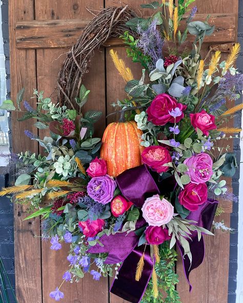 Give me all the jewel tones this fall! @allinbloomstudio Flowers Dried, Orange Pumpkin, The Jewel, Pumpkin Orange, Velvet Ribbon, Door Wreath Hanger, Jewel Tones, Grapevine Wreath, Deep Purple