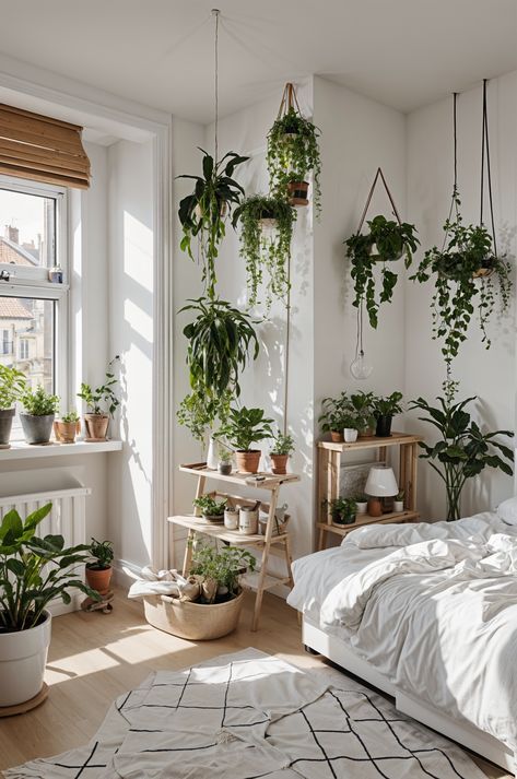 The image showcases a cozy bedroom with a white bed and a large window. The room is adorned with a variety of potted plants, creating a Scandinavian-inspired atmosphere. The plants are placed throughout the room, with some hanging from the ceiling and others placed on the floor or on shelves. The abundance of greenery adds a touch of nature and tranquility to the space, making it an inviting and relaxing environment. Feminine Genius, Bedroom Plants Decor, Earthy Bedroom, Living Room Plants, Scandinavian Bedroom, White Bed, Large Window, Bedroom Decor Cozy, Scandinavian Style Interior