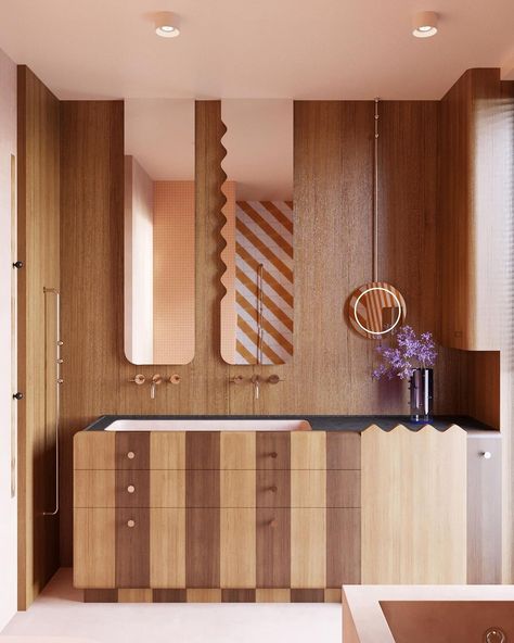 Wood Panel Bathroom, Colorful Terrazzo, Bathroom Vanity Designs, Cabinet Detailing, Vanity Design, Big Bathrooms, Wood Vanity, Stylish Bathroom, Mid Century House