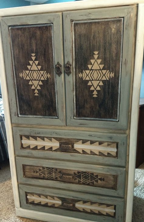 Western Dining Room Paint Colors, Diy Western Furniture Makeovers, Boho Dresser Refurbish, Western Dresser Makeover, Aztec Furniture, Western Dressers, Southwestern Painted Furniture, Western Furniture Diy, Western Painted Furniture