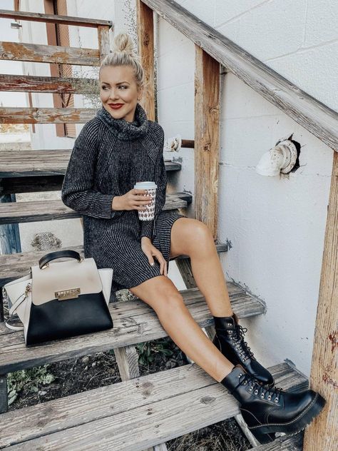 Dr Marten Leona Boot Outfit, Doc Martens Leona, Styling Combat Boots, Doc Martin Outfits, Dr Martens Leona, Chunky Sweater Dress, Combat Boot Outfits, Skater Girl Style, Combat Boot Outfit