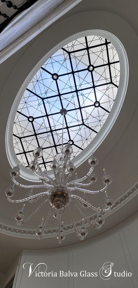 Stain Glass Ceiling, Stained Glass Skylight, Double Height Ceiling, Glass Skylight, Skylight Glass, Skylight Design, Leaded Glass Windows, Dome Ceiling, Double Height