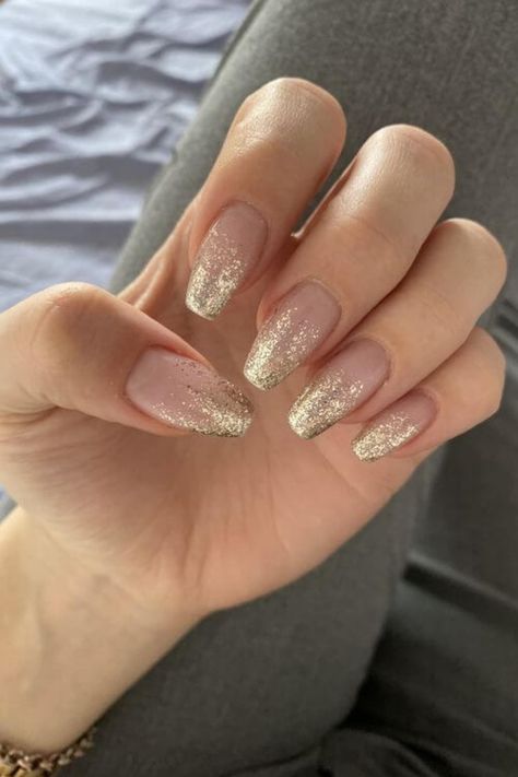 The glitter ombre nail trend will continue to be popular. Ombre nails are one of the best DIY designs that are simple… Wedding Nails For Bride Gold Glitter, Gold Nails For Homecoming, Classy Glittery Nails, Gel X Nails Almond Neutral, Pretty Champagne Nails, Acrylic Nails Ideas Gold, Glitter Nails Gold Sparkle, Classy Gold Nails Acrylic, Glitter Nails For Wedding