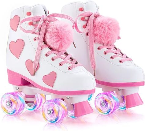 Classic high-top boots, white as the base color of the PU leather inlaid with pink love pattern, with removable plush ball. The women roller skates overall is the classic American sweetheart style If you're looking for the best gift to give a lady, these skates make a great choice. Roller Derby Girls, Barbie Halloween Costume, Girls Roller Skates, American Sweetheart, Kids Roller Skates, Kids Skates, Barbie Halloween, Derby Girl, European Shoes