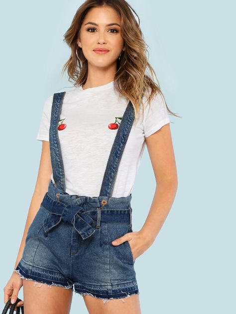 Denim High Waist Raw Hem Suspender Shorts with Tie Waist BLUE -SheIn(Sheinside) Diy Denim Top, Shorts With Suspenders, Suspender Jeans, Suspender Shorts, Women Denim Shorts, Female References, Dungarees Shorts, Diy Denim, Suspenders For Women