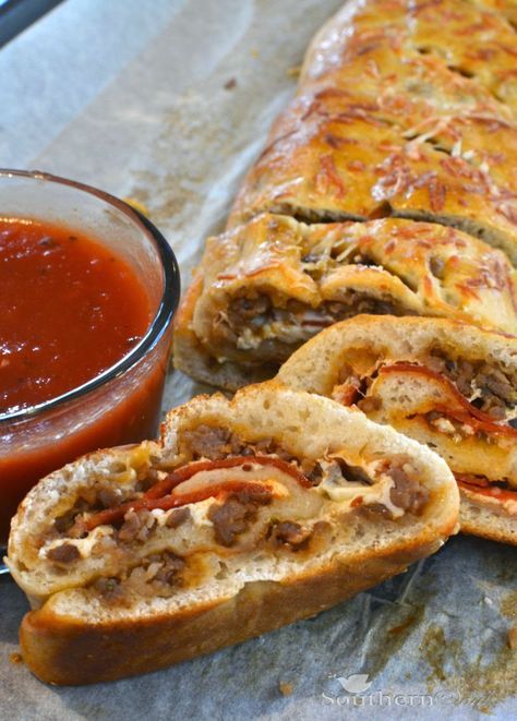 Sausage and Pepperoni Stromboli Stromboli Sausage, Pepperoni Stromboli Recipe, Stromboli Recipe Pepperoni, Stromboli Italian, Sausage Stromboli, Recipe Italian Sausage, Pepperoni Stromboli, Pizza Stromboli, Stromboli Recipe